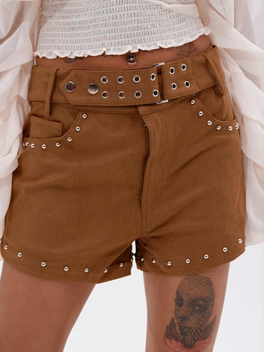 AKIRA Brown Studded Belted High-Waist Shorts NWT L